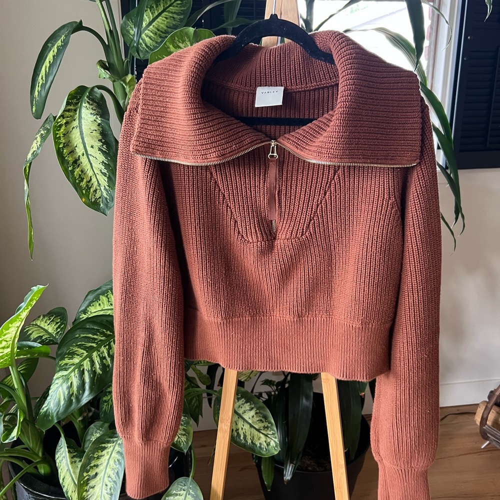 Varley Rust Cropped Zip-Front Ribbed Sweater